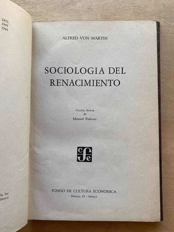 Sociologia Del Renacimiento - Von Martin, Alfred (A4)